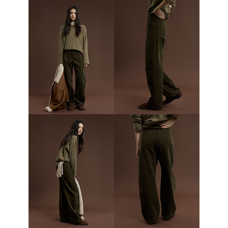 High-Waisted Corduroy Casual Pants with Fleece Lining for Winter, Model 92598