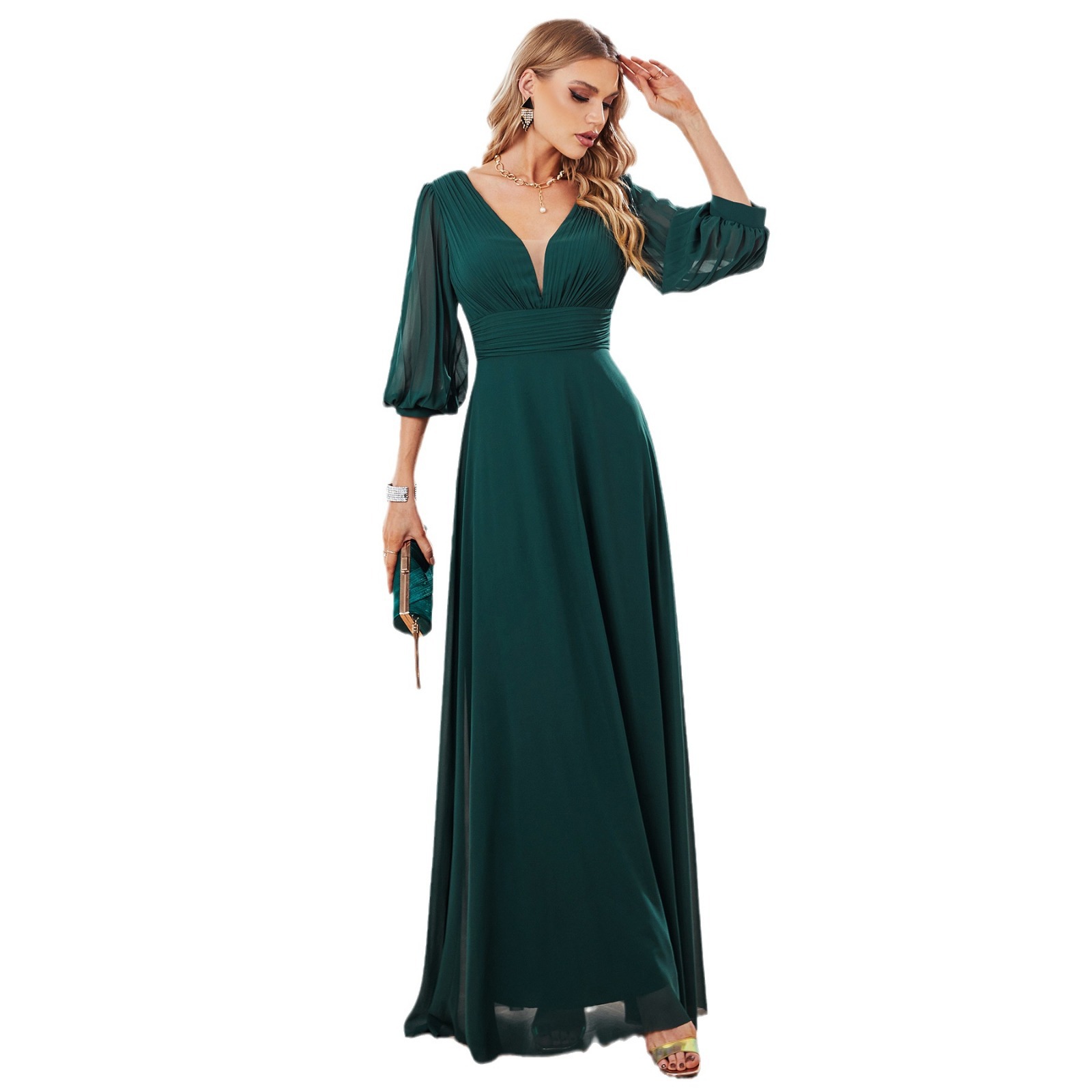 Vestido formal de comercio exterior para mujer, vestido de dama de honor holgado, vestido de noche para fiesta diaria, vestido largo de gasa de manga media para Amazon Cross-Border.