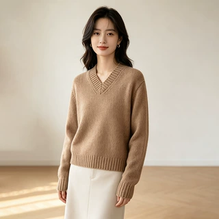 秋季V领纯色针织衫宽松罗纹下摆套头毛衣简约气质女外穿打底上衣