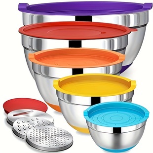 Stainless Steel Salad Bowl Khaki Black Silicone Bottom Non-Slip with Lid and Grater Egg Bowl Set Baking Mixing Bowl