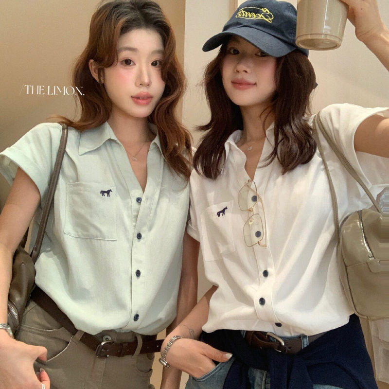 Lemon Green Tea Korean Style Embroidered Short-Sleeve Shirt 2026 Summer Women's Loose Slimming Versatile Top Lemon Green Tea Korean Style Embroidered Short-Sleeve Shirt 2026 Summer Women's Loose Slimming Versatile Top