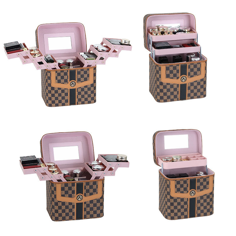 Caja de cosméticos a cuadros en forma de V transfronteriza, bolsa de almacenamiento para el cuidado de la piel portátil, caja de herramientas grande multifuncional portátil de alta gama para mujer