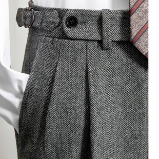 Men's Italian High-Waisted Wool Trousers Handmade Tweed Double Pleated Casual Straight Long Trousers