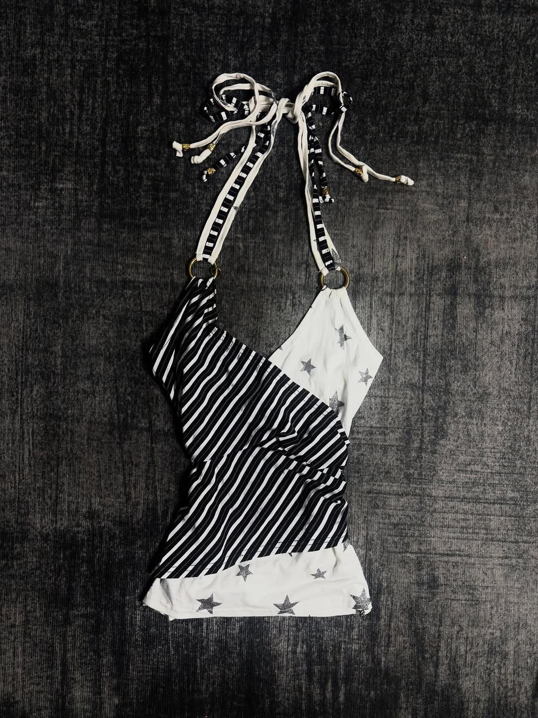 American retro vintage black and white striped star halter top, sexy and slimming top