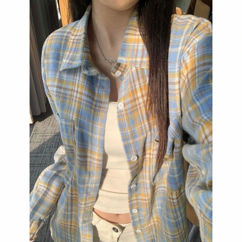 美式长袖格子衬衫春秋复古新款宽松慵懒风小个子衬衣上衣休闲外套|undefined