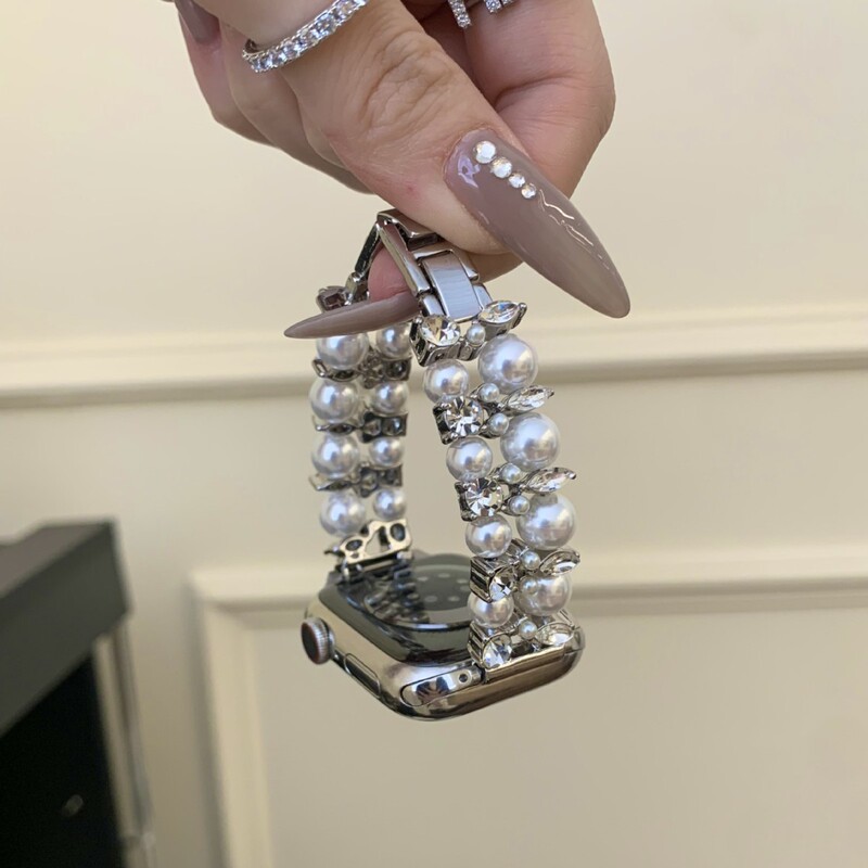 Suitable for Apple Iwatch109876Se Watch with Huawei Xiaomi High-End Double-Row Pearl and Diamond-Encrusted Bracelet