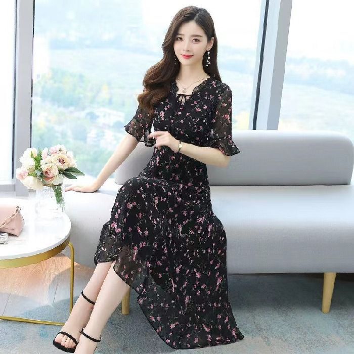雪纺连衣裙长袖2025年春秋新款碎花连衣裙女大码胖MM减龄打底长裙|undefined