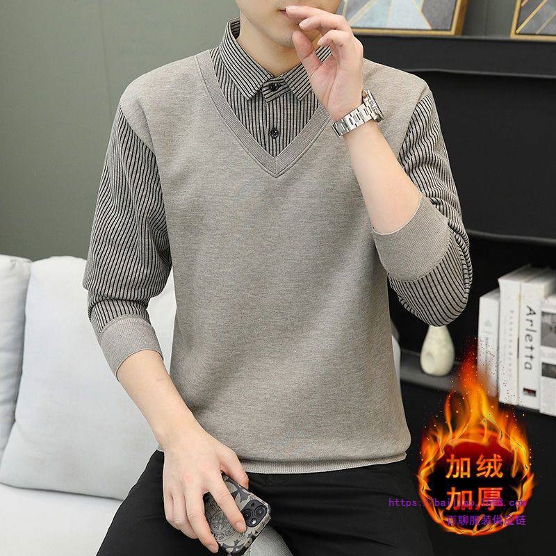 Autumn and Winter Thickened Men's Faux Two-Piece Sweater with Integrated Fleece, Knitted Shirt Collar Business Sweater Trendy