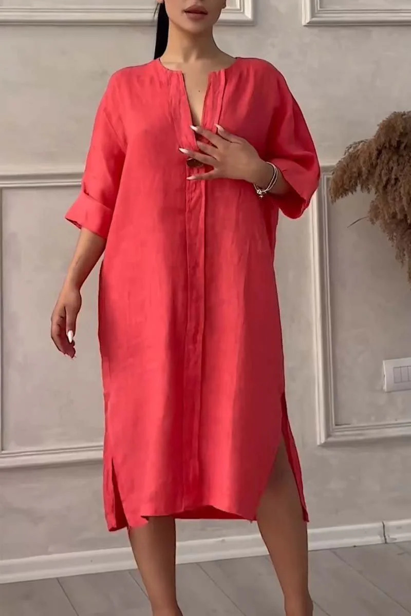 Round Neck Neckline Wholesale Women's Casual Button Solid Color Holiday Round Neck 3/4 Length Sleeve Shirt Dress