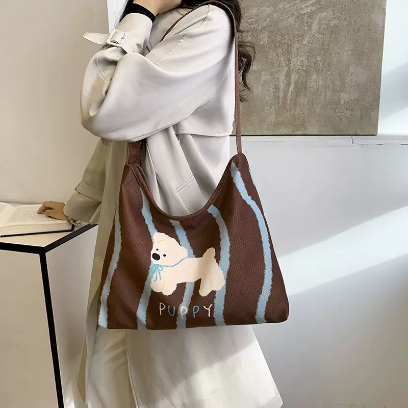 2025新款韩系百搭单肩包女小众法式托特包小狗印花包大容量休闲