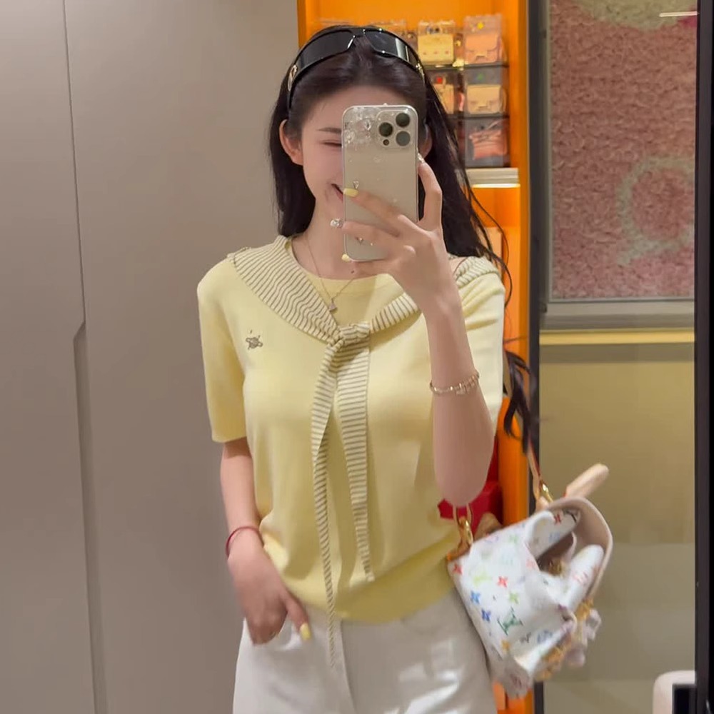 Áo thun nữ tay ngắn dệt kim phong cách Hàn Quốc kèm khăn choàng — sọc chi tiết 5