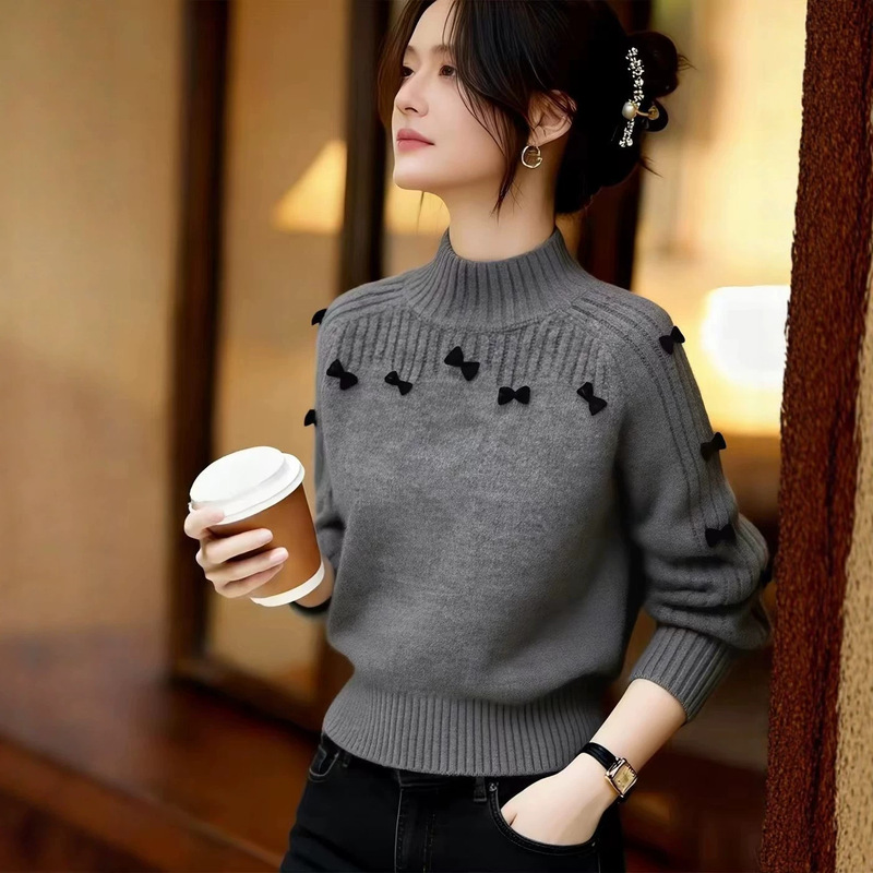 Korean-style half-high collar bow imitation cashmere sweater for women, 26 autumn/winter new loose versatile pullover knit top Korean-style half-high collar bow imitation cashmere sweater for women, 26 autumn/winter new loose versatile pullover knit top