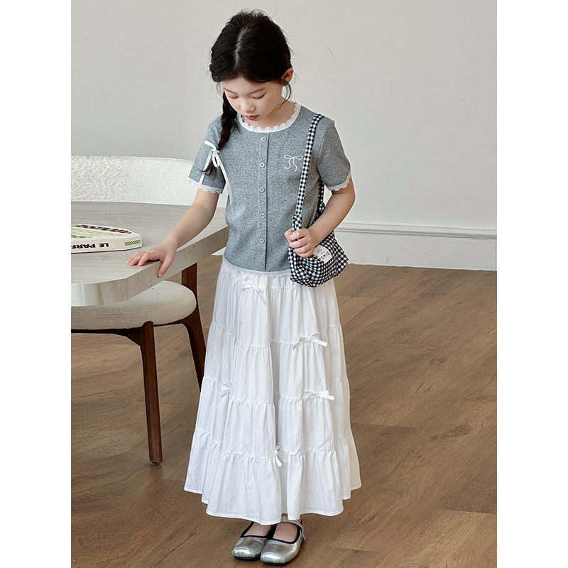 Girls Short-Sleeved Skirt Suit 2025 Kidsren's Summer T-Shirt Girl Cake Long Skirt Two-Piece Set Summer New Style