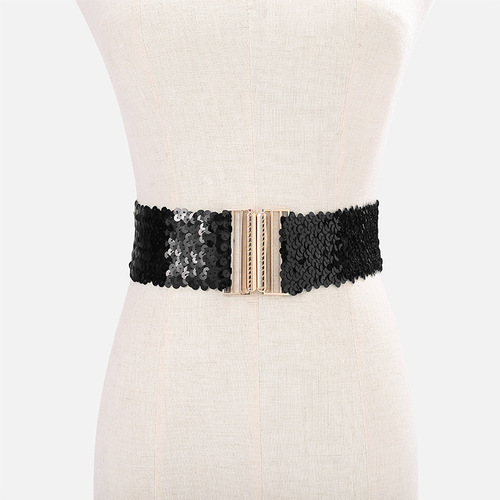 Popular women's waist sealing elastic stretch sequined belt dress gold  alloy buckle belts