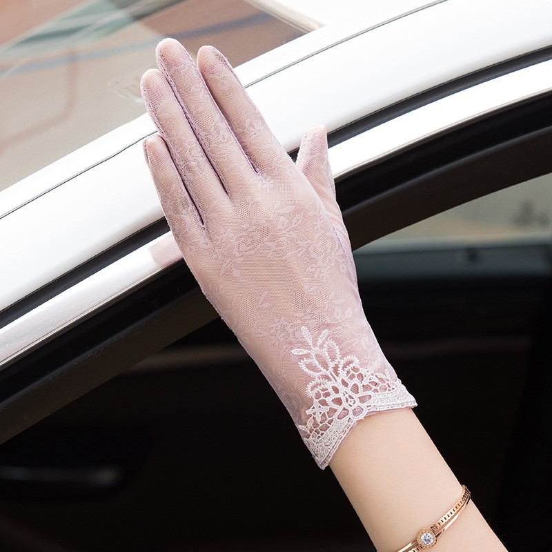 Primavera y verano guantes de protección solar para mujer encaje flor conducción ligera transpirable protección solar al aire libre montar guantes de pantalla táctil