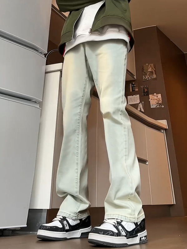 美式高街弯刀软牛仔裤男秋季修身弹力直筒裤子显腿长微喇裤|undefined