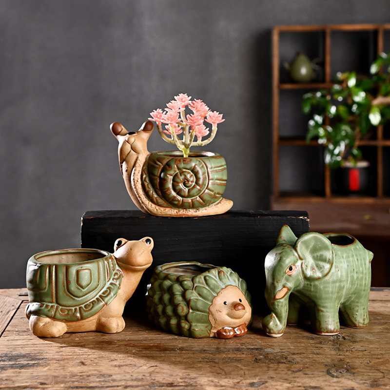 Pequeña caricatura, animal creativo, maceta carnosa, cerámica, arcilla especial para el hogar, maceta de control de raíces de cerámica gruesa, venta al por mayor
