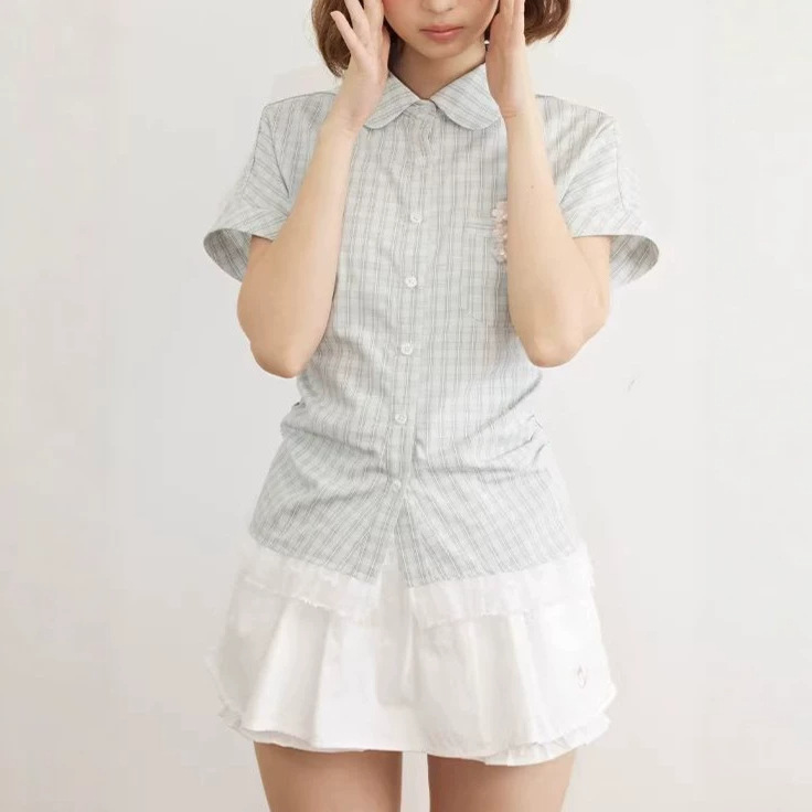 umoum Summer Mint Green Plaid Raglan Sleeve Lace Shirt Slimming Waist-Cinching Turn-Down Collar Short-Sleeve T-Shirt