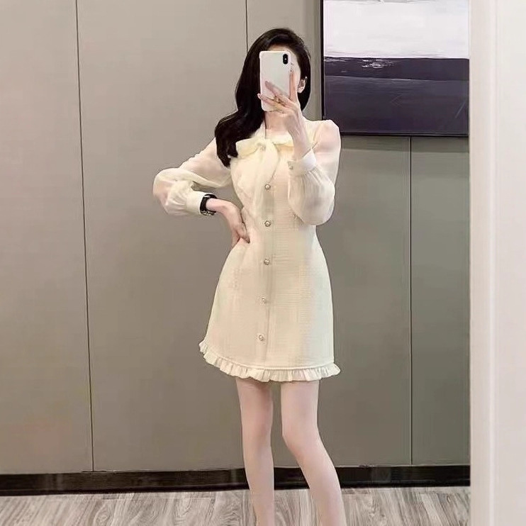 高级感法式小香风连衣裙女2025春秋杏色感端庄大气质名媛长袖裙子|undefined