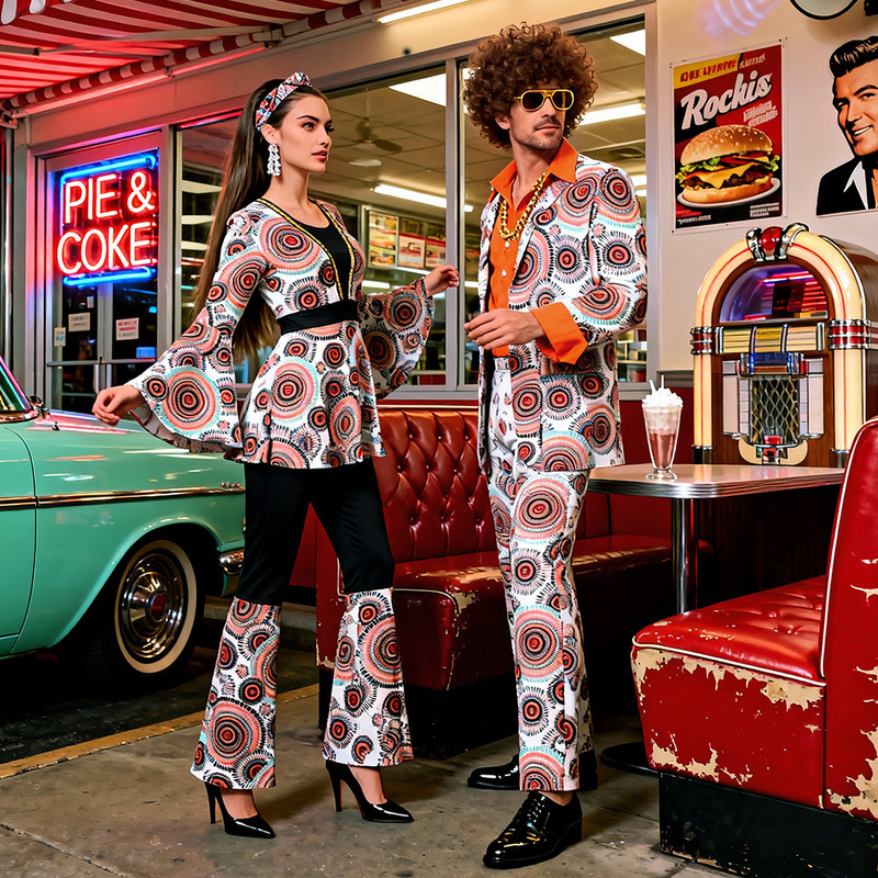 Retro Disco Couple Outfits Printed Flared Sleeve Dress + Floral Shirt and Pants Set Theme Party Retro Disco Couple Outfits Printed Flared Sleeve Dress + Floral Shirt and Pants Set Theme Party