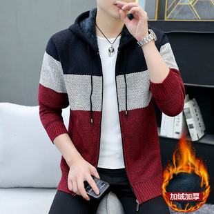 Thickened autumn and winter men's color matching cardigan coat sweater hooded zipper knitted Korean style sweater 8807-p36
