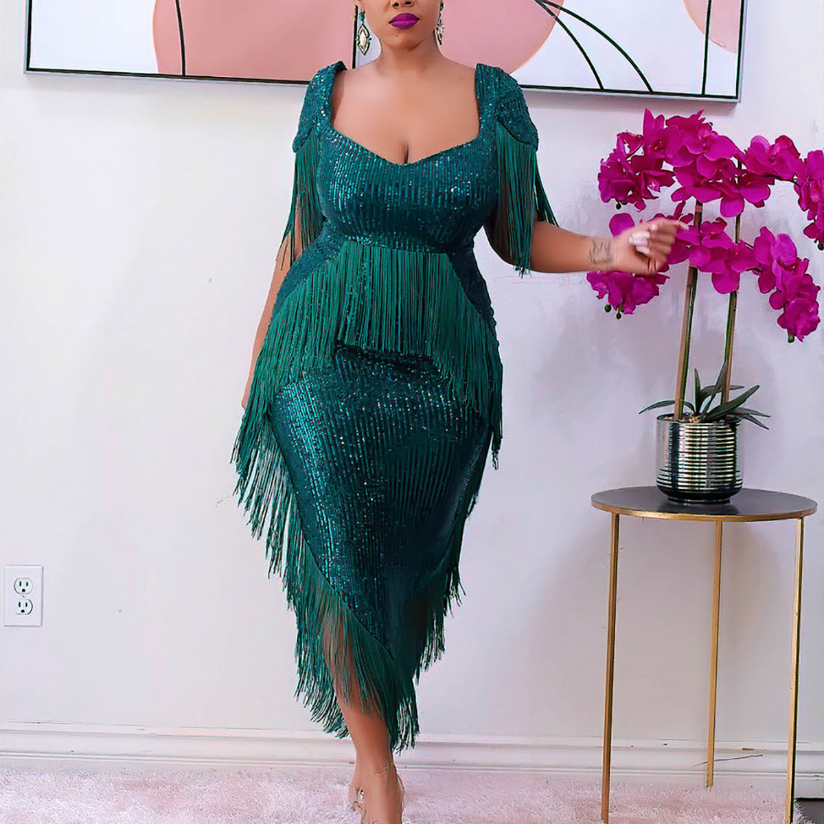 Elegant Women's Evening Dress With Sequins And Tassels For Party_voghion.com