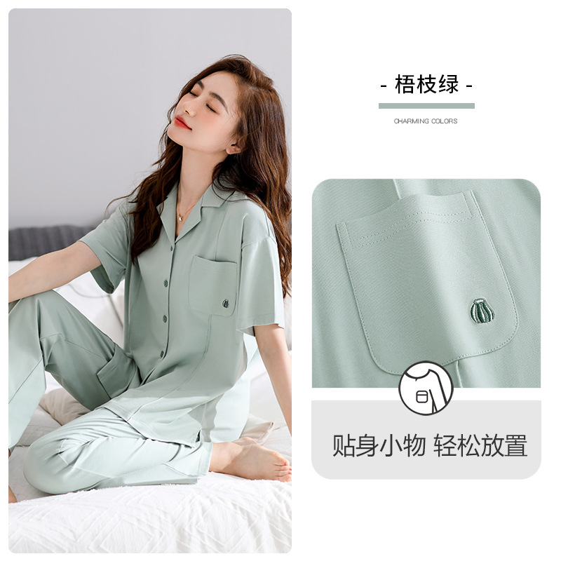 [Sensación suave] pijamas de verano de las mujeres 100% algodón media manga de manga corta pantalones desgaste del hogar verano traje de verano