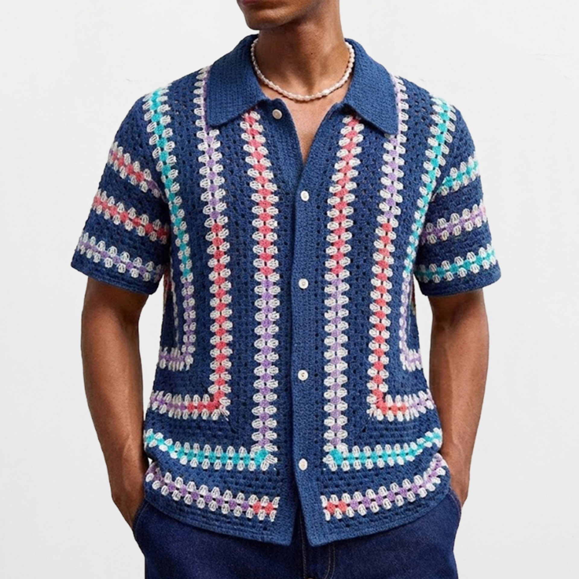 Cross-Border Fashion European And American New Water-Soluble Knitwear Men's Hollow Out Cardigan Short Sleeve Turn-Down_voghion.com