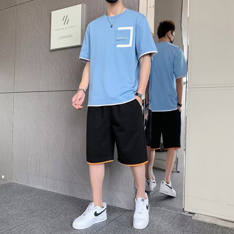 Traje deportivo de los hombres ocasionales de verano delgado de manga corta pantalones cortos de dos piezas de secado rápido de los hombres corriendo ropa deportiva comercio exterior