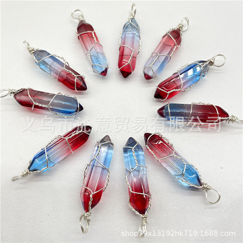 Comercio exterior caliente bobina hexagonal columna colgante collar de cristal natural hecho a mano de plata hilo bala joyería al por mayor