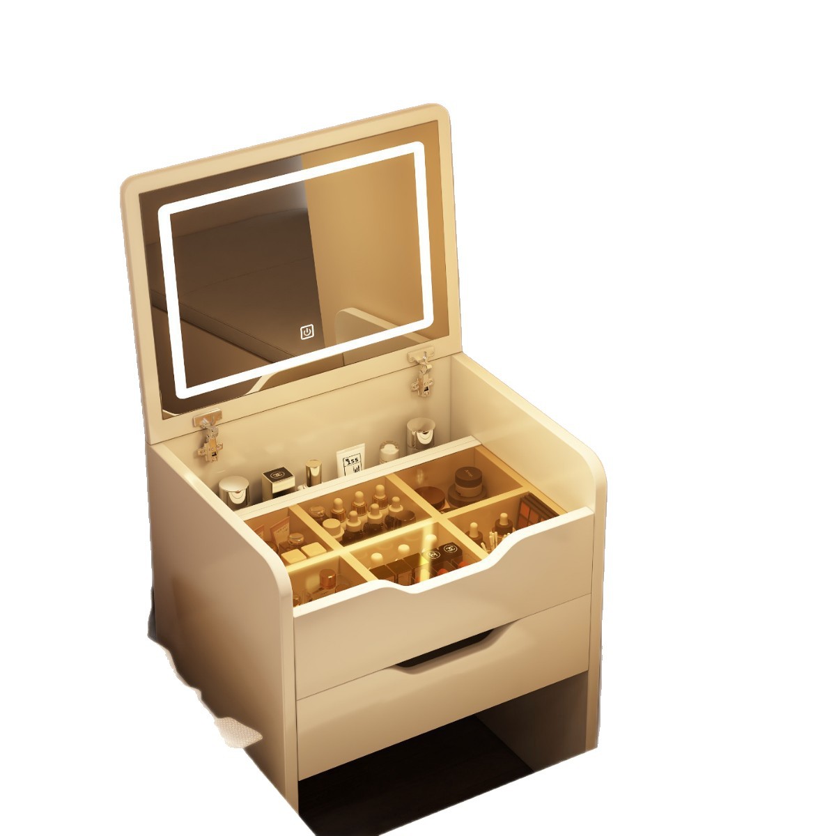 Tablero de vestir con espejo de almacenamiento en una pequeña mesa de maquillaje de dormitorio, mini tablero de cabecera de cama de hendidura estrecha.