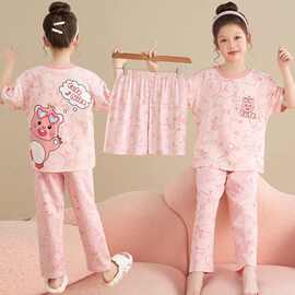 夏天三件套女童睡衣卡通棉薄款短袖空调服儿童中大童家居服套装