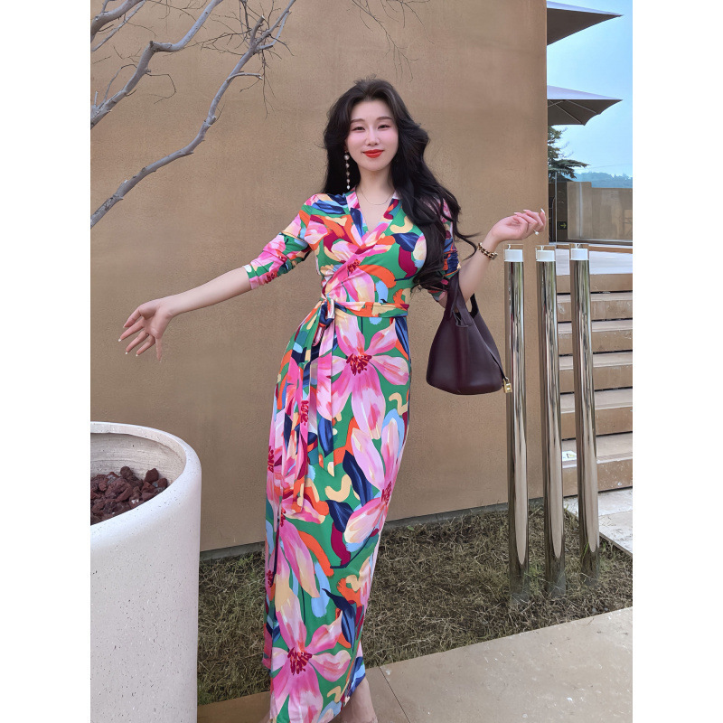 Xwf8820 Ice Green Pastel Retro Printed Lace-Up Wrap Skirt 2026 Summer Slimming High-End Dress for Women