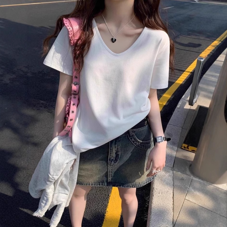 V-Neck T-Shirt for Women 2025 New Summer White Short-Sleeved Right Shoulder Loose Large Neckline Pure Cotton Slimming Look Low-Neck White Top