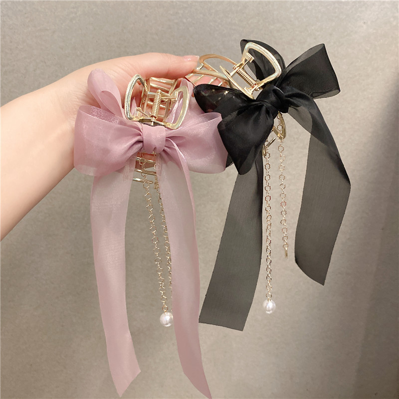 Gauze Bow Grab Clip Pearl Pendant Back Head Hairpin Women's Summer Elegant Alloy Shark Clip Hair Grab