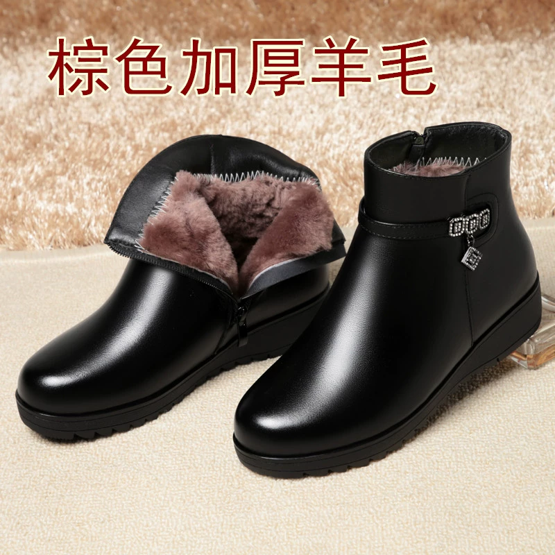 Новые Женские зимние кожаные короткие сапоги на среднем каблуке, хлопчатобумажные сапоги на толстом каблуке, женские сапоги на флисовой подкладке, шерстяные мягкие ботинки на толстой подошве