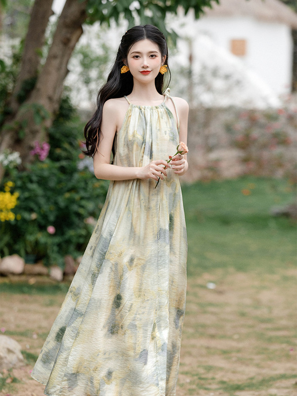 Loose Sleeveless Off-the-shoulder Halo Neck dress Summer Lazy Style Elegant Casual Vacation Short Knee-length Dress Loose Sleeveless Off-the-shoulder Halo Neck dress Summer Lazy Style Elegant Casual Vacation Short Knee-length Dress