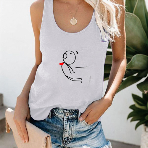 Valentine's Day women's summer cotton wide waist V-neck top with simple line drawing character heart loose sleeveless base top
