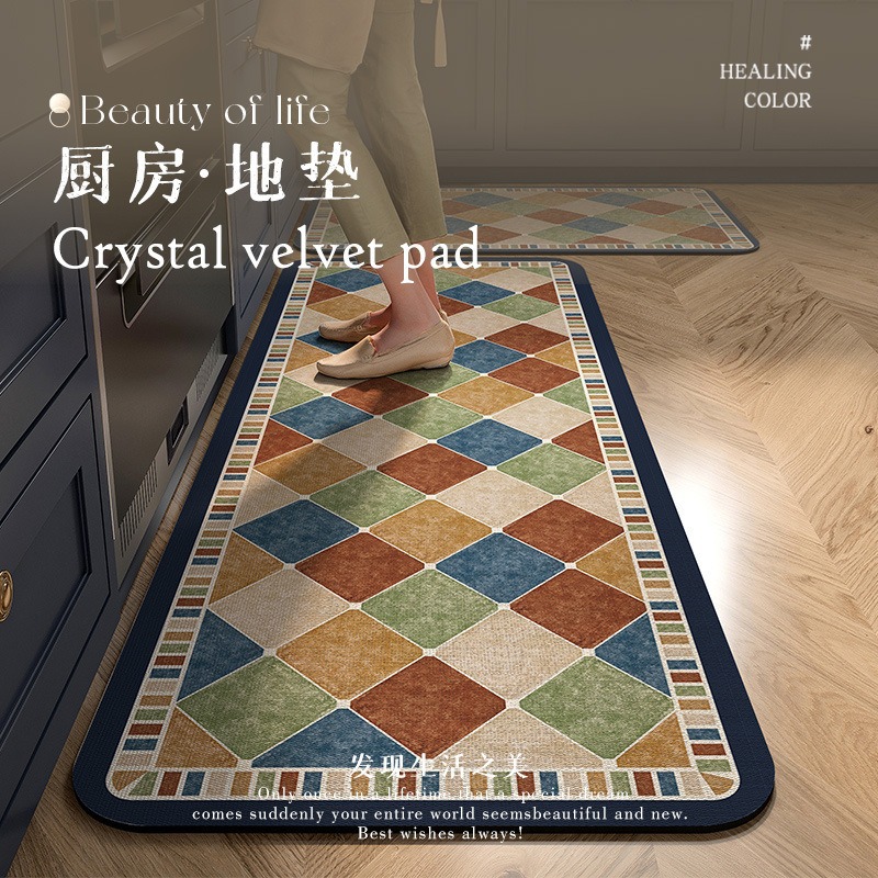 Plaid Kitchen Floor Mats Are Non-Slip and Oil-Proof, Wipeable and Washable Foot Mats, Diatom Mud Kitchen Floor Mats, Water-Absorbent and Anti-Dirty Carpets
