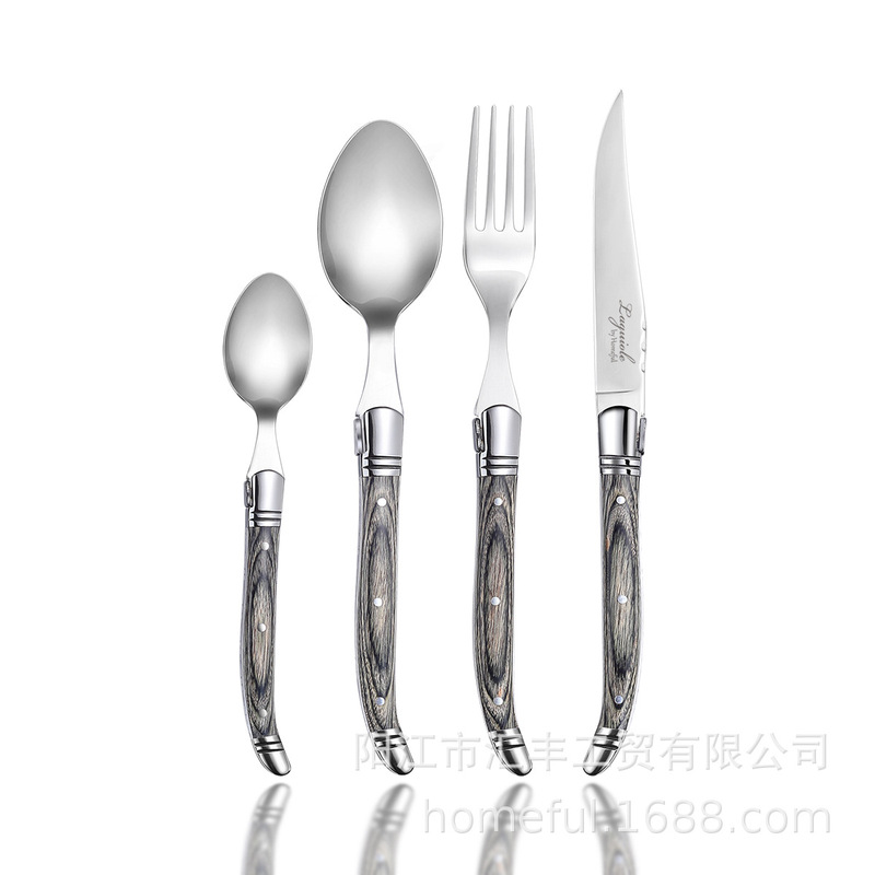 Wholesale cutlery laguiole wooden handle Western-style steak knife, fork, and spoon set, dessert fork, dessert spoon for hotel and restaurant use Wholesale cutlery laguiole wooden handle Western-style steak knife, fork, and spoon set, dessert fork, dessert spoon for hotel and restaurant use