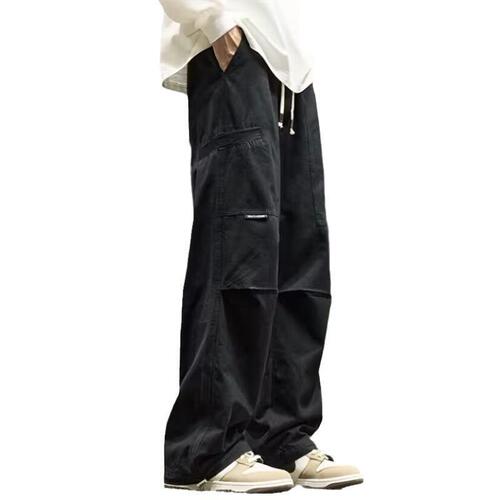 American style handsome overalls men's spring and summer new style loose fashion brand casual pants men's black straight long pants