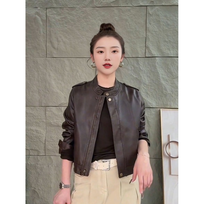 2025秋季新款复古风高级感小个子机车时尚显瘦减龄立领pu皮夹克女|undefined