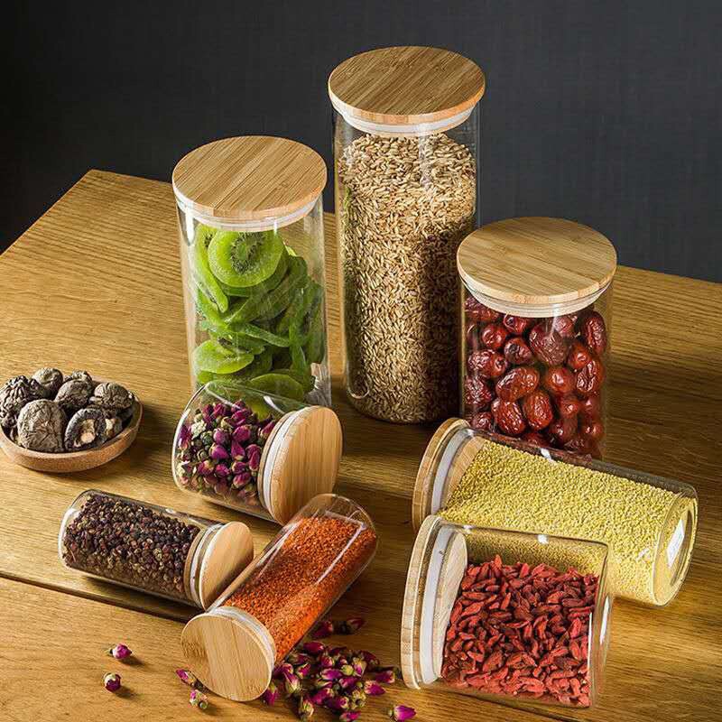Bamboo Wood Lid Transparent Tea Cans Kitchen Coarse Cereals Snack Cereal Storage Jar Heat Resistant Glass Coffee Bean Sealed Jar
