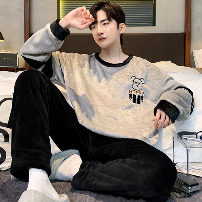 2024 pijamas de franela para hombre de invierno, terciopelo de coral grueso más grasa, se puede usar al aire libre, traje de servicio a domicilio, comercio exterior