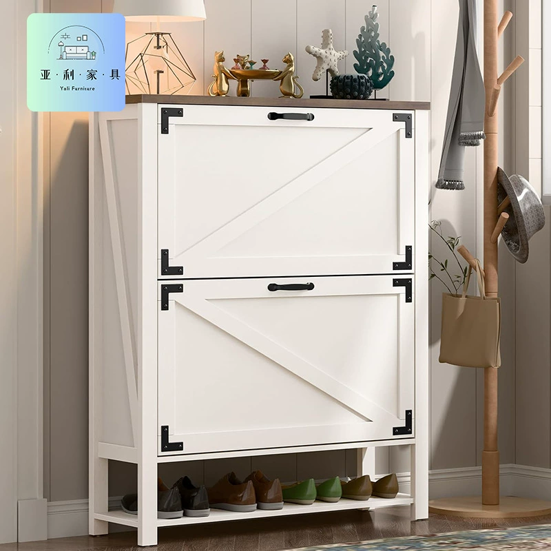 Шкаф для обуви с двумя выдвижными ящиками для прихожей, панель для внешней торговли, узкий тонкий шкаф для обуви, отдельно стоящий шкаф для обуви в деревенском белом цвете.