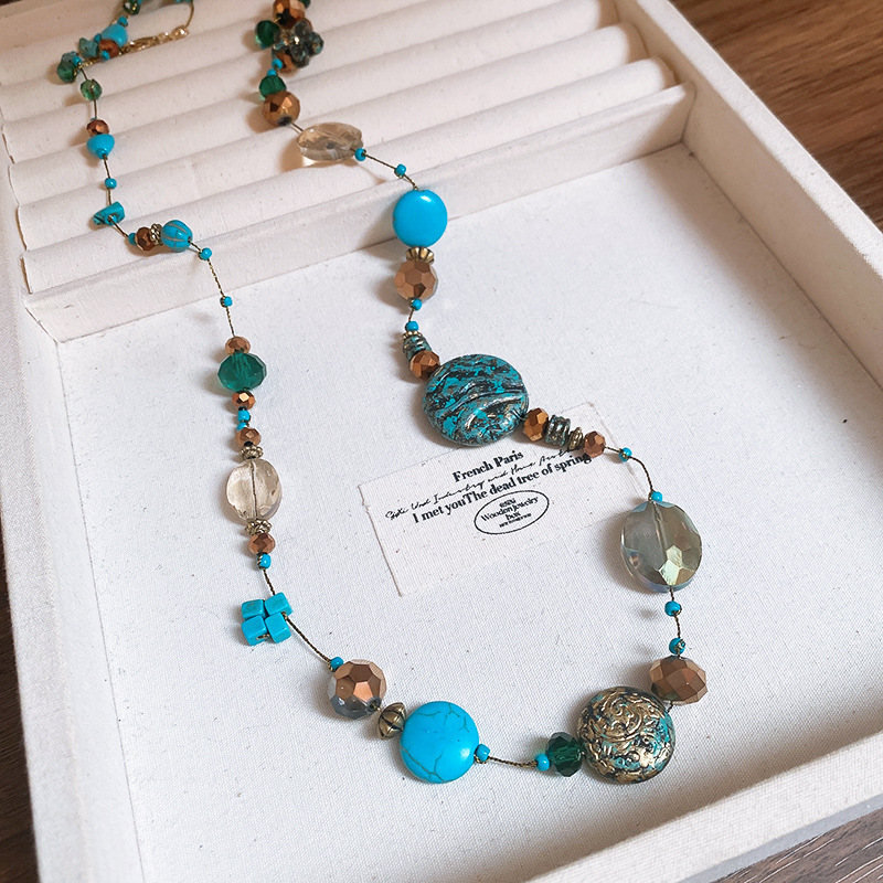 Collar con cuentas apiladas de estilo de piedra artificial transfronteriza, cadena de suéter de diseño de nicho de estilo étnico femenino, joyería de moda de alta gama