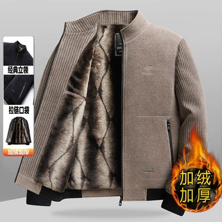 中老年男士休闲夹克衫老年人男装外套爸爸加绒加厚秋冬雪尼尔上衣