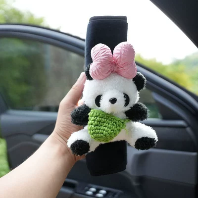 Giant Panda Car Safety Shoulder Cover Women's French High-end Simple Knot Car Accessories Safety Belt Anti-Le Cartoon Women (Seat belt shoulder pad) - black-velvet-shoulder-pads-panda-green-pocket