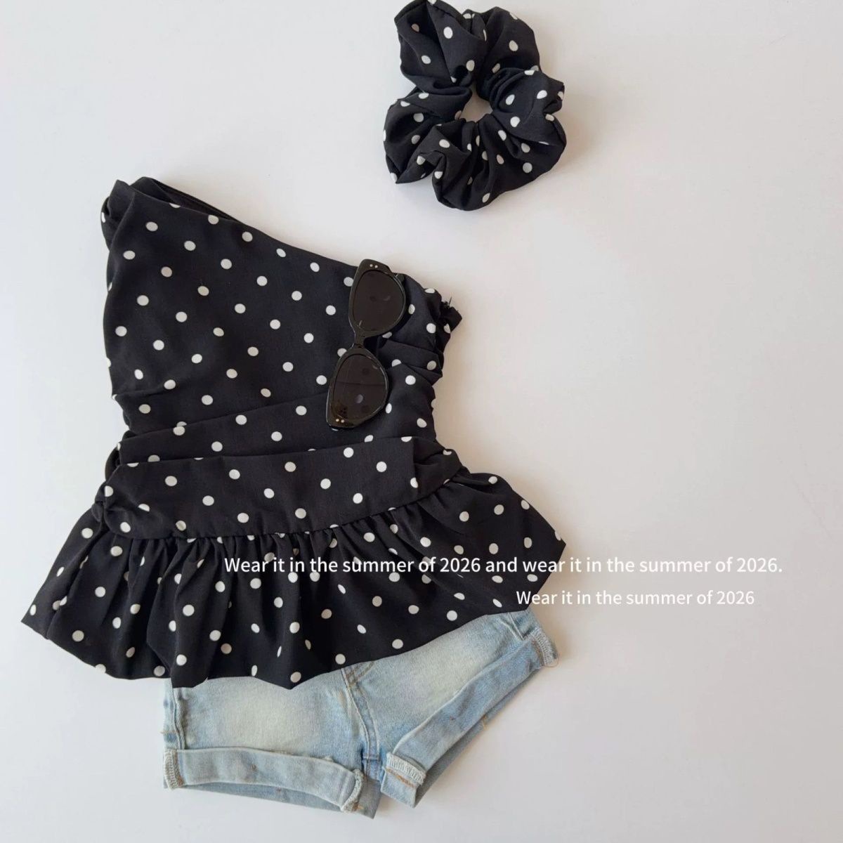 Girls' summer vest, stylish and trendy, polka dot, lace, irregular off-shoulder design, fashionable suspender top