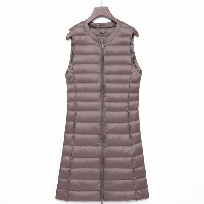 Transfronterizo otoño y invierno nuevo tipo de chaqueta de pluma de mujer ligera media y larga moda coreana con cremallera de cuello redondo calentamiento exterior